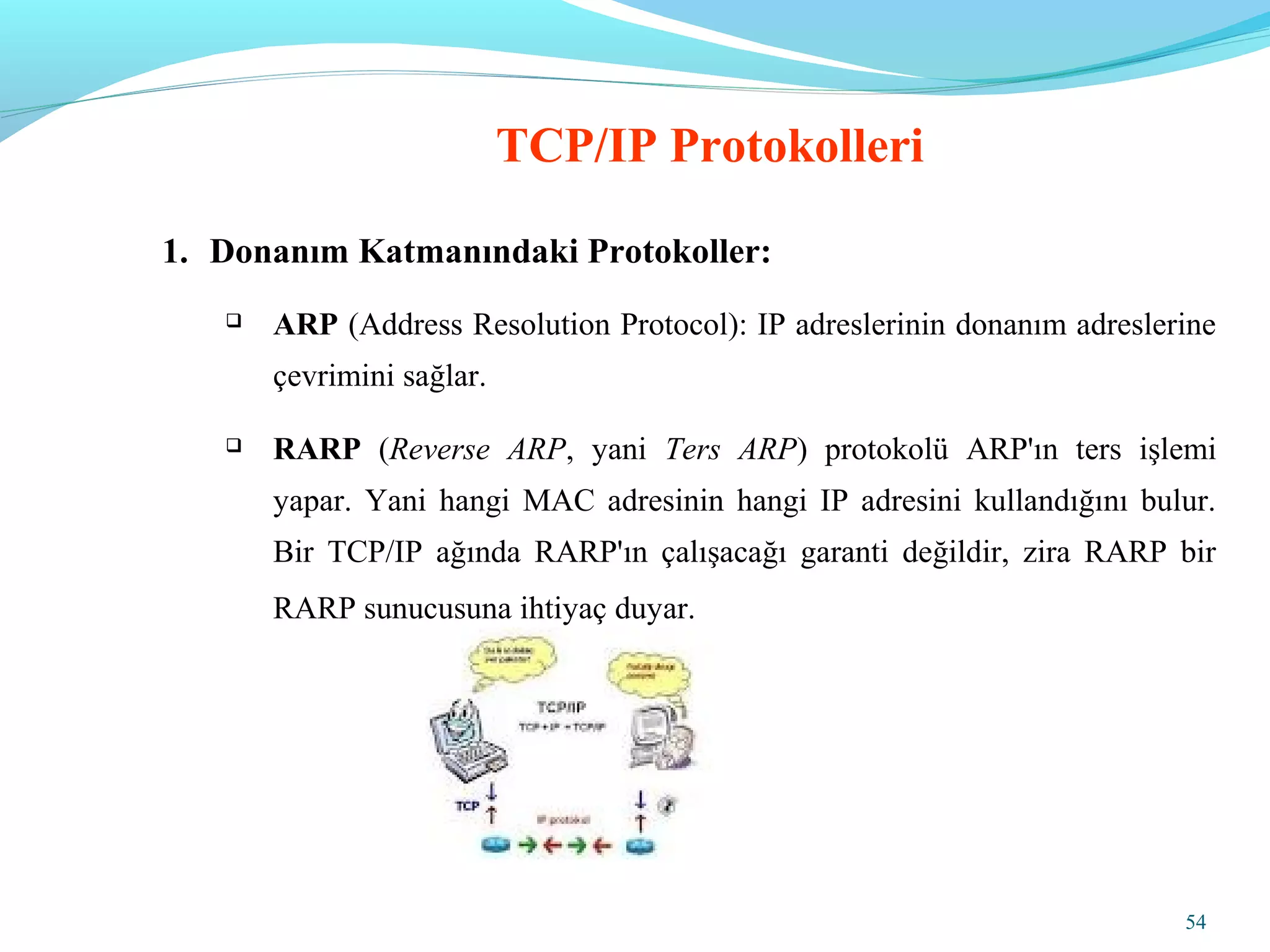 54
1. Donanım Katmanındaki Protokoller:
 ARP (Address Resolution Protocol): IP adreslerinin donanım adreslerine
çevrimini sağlar.
 RARP (Reverse ARP, yani Ters ARP) protokolü ARP'ın ters işlemi
yapar. Yani hangi MAC adresinin hangi IP adresini kullandığını bulur.
Bir TCP/IP ağında RARP'ın çalışacağı garanti değildir, zira RARP bir
RARP sunucusuna ihtiyaç duyar.
TCP/IP Protokolleri
 