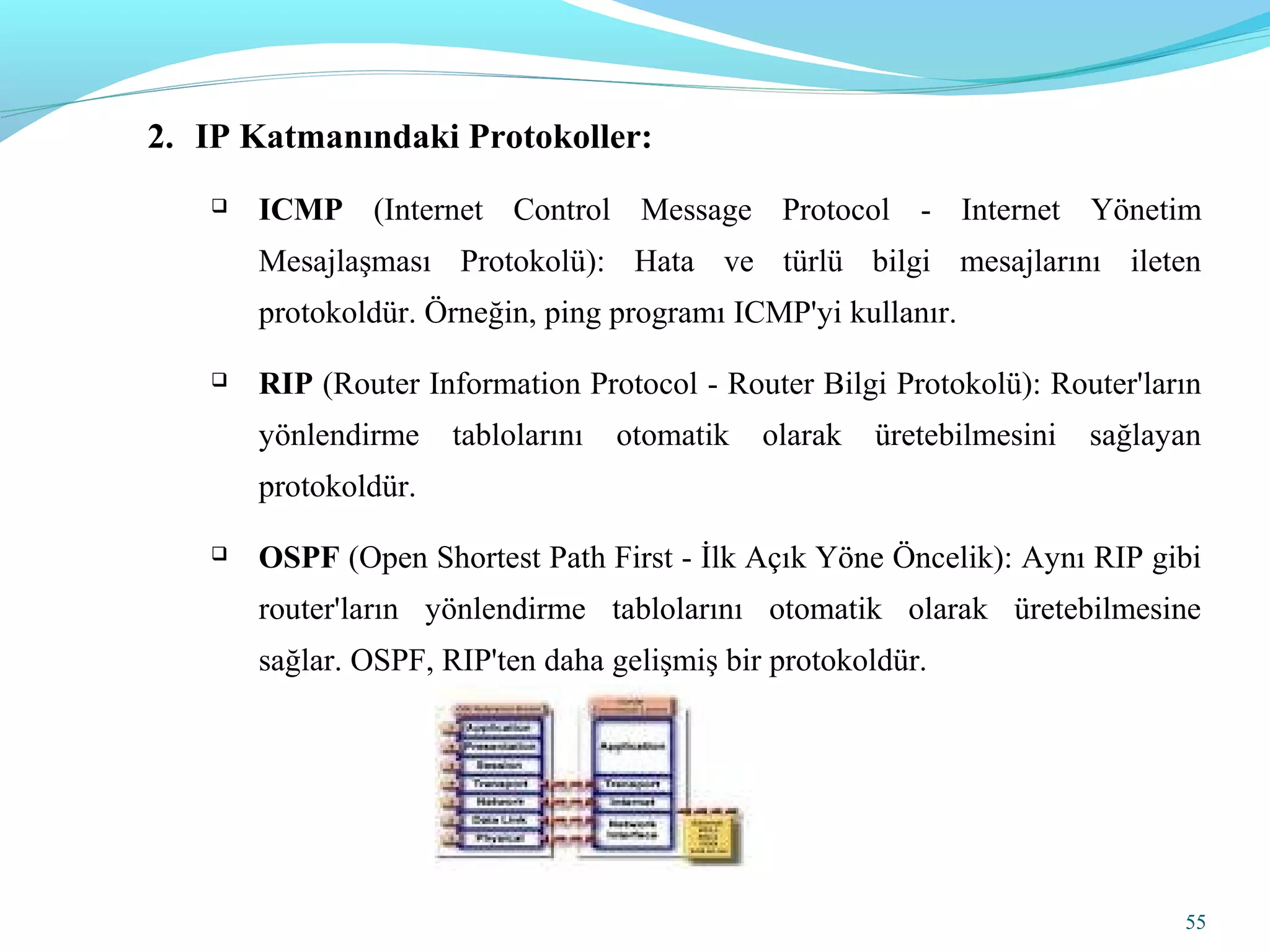 55
2. IP Katmanındaki Protokoller:
 ICMP (Internet Control Message Protocol - Internet Yönetim
Mesajlaşması Protokolü): Hata ve türlü bilgi mesajlarını ileten
protokoldür. Örneğin, ping programı ICMP'yi kullanır.
 RIP (Router Information Protocol - Router Bilgi Protokolü): Router'ların
yönlendirme tablolarını otomatik olarak üretebilmesini sağlayan
protokoldür.
 OSPF (Open Shortest Path First - İlk Açık Yöne Öncelik): Aynı RIP gibi
router'ların yönlendirme tablolarını otomatik olarak üretebilmesine
sağlar. OSPF, RIP'ten daha gelişmiş bir protokoldür.
 