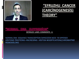 “EFRUZHU CANCER
                                (CARCİNOGENESİS)
                                THEORY”



                  DETAİLED LAWS COMMENTS 4.

NORMAL DNA SEQUENCE TRANSCRİPTİON EXPRESSİON NEED TO OPPENED
HİSTONE PROTEİNS =İNCRESİNG HİSTON MODİFİCATİON(CHROMATİNE
REMODELİNG
 