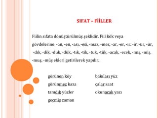 SIFAT – FİİLLER
Fiilin sıfata dönüştürülmüş şeklidir. Fiil kök veya
gövdelerine -an, -en, -ası, -esi, -maz, -mez, -ar, -er, -ır, -ir, -ur, -ür,
-dık, -dik, -duk, -dük, -tık, -tik, -tuk, -tük, -acak, -ecek, -mış, -miş,
-muş, -müş ekleri getirilerek yapılır.
görünen köy bakılası yüz
görünmez kaza çalar saat
tanıdık yüzler okunacak yazı
geçmiş zaman
 
