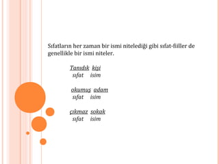 Sıfatların her zaman bir ismi nitelediği gibi sıfat-fiiller de
genellikle bir ismi niteler.
Tanıdık kişi
sıfat isim
okumuş adam
sıfat isim
çıkmaz sokak
sıfat isim
 