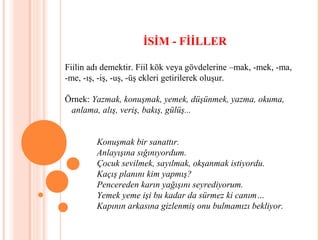 İSİM - FİİLLER
Fiilin adı demektir. Fiil kök veya gövdelerine –mak, -mek, -ma,
-me, -ış, -iş, -uş, -üş ekleri getirilerek oluşur.
Örnek: Yazmak, konuşmak, yemek, düşünmek, yazma, okuma,
anlama, alış, veriş, bakış, gülüş...
Konuşmak bir sanattır.
Anlayışına sığınıyordum.
Çocuk sevilmek, sayılmak, okşanmak istiyordu.
Kaçış planını kim yapmış?
Pencereden karın yağışını seyrediyorum.
Yemek yeme işi bu kadar da sürmez ki canım…
Kapının arkasına gizlenmiş onu bulmamızı bekliyor.
 