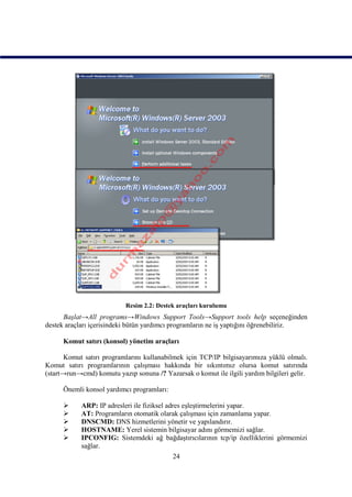 Resim 2.2: Destek araçları kurulumu
      Başlat→All programs→Windows Support Tools→Support tools help seçeneğinden
destek araçları içerisindeki bütün yardımcı programların ne iş yaptığını öğrenebiliriz.

      Komut satırı (konsol) yönetim araçları

       Komut satırı programlarını kullanabilmek için TCP/IP bilgisayarımıza yüklü olmalı.
Komut satırı programlarının çalışması hakkında bir sıkıntımız olursa komut satırında
(start→run→cmd) komutu yazıp sonuna /? Yazarsak o komut ile ilgili yardım bilgileri gelir.

      Önemli konsol yardımcı programları:

           ARP: IP adresleri ile fiziksel adres eşleştirmelerini yapar.
           AT: Programların otomatik olarak çalışması için zamanlama yapar.
           DNSCMD: DNS hizmetlerini yönetir ve yapılandırır.
           HOSTNAME: Yerel sistemin bilgisayar adını görmemizi sağlar.
           IPCONFIG: Sistemdeki ağ bağdaştırıcılarının tcp/ip özelliklerini görmemizi
            sağlar.
                                            24
 