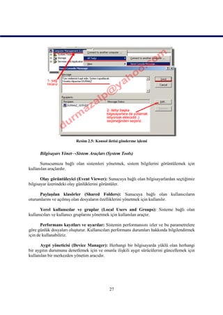 Resim 2.5: Konsol iletisi gönderme işlemi


      Bilgisayarı Yönet→Sistem Araçları (System Tools)

      Sunucumuza bağlı olan sistemleri yönetmek, sistem bilgilerini görüntülemek için
kullanılan araçlardır.

       Olay görüntüleyici (Event Viewer): Sunucuya bağlı olan bilgisayarlardan seçtiğimiz
bilgisayar üzerindeki olay günlüklerini görüntüler.

      Paylaşılan klasörler (Shared Folders): Sunucuya bağlı olan kullanıcıların
oturumlarını ve açılmış olan dosyaların özelliklerini yönetmek için kullanılır.

      Yerel kullanıcılar ve gruplar (Local Users and Groups): Sisteme bağlı olan
kullanıcıları ve kullanıcı gruplarını yönetmek için kullanılan araçtır.

       Performans kayıtları ve uyarılar: Sistemin performansını izler ve bu parametrelere
göre günlük dosyaları oluşturur. Kullanıcıları performans durumları hakkında bilgilendirmek
için de kullanabiliriz.

      Aygıt yöneticisi (Device Manager): Herhangi bir bilgisayarda yüklü olan herhangi
bir aygıtın durumunu denetlemek için ve onunla ilişkili aygıt sürücülerini güncellemek için
kullanılan bir merkezden yönetim aracıdır.




                                             27
 