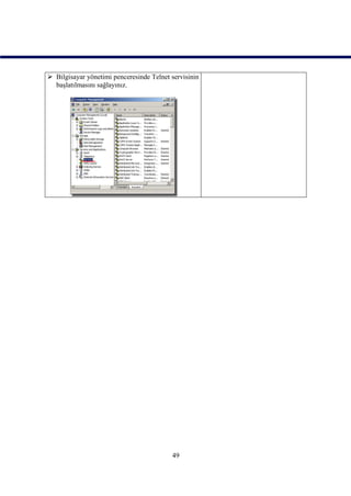  Bilgisayar yönetimi penceresinde Telnet servisinin
  başlatılmasını sağlayınız.




                                          49
 