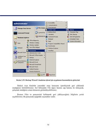 Resim 3.29: Backup Wizard’ı başlatma işlemi için uygulanan basamakların gösterimi


       Sürücü veya klasörün yanındaki onay kutusunu işaretleyerek geri yüklemek
istediğinizi belirtebilirsiniz. Sol bölmedeki File öğesi farenin sağ butonu ile tıklayarak,
çalışmak istediğiniz ortam kümesini görüntüleyebilirsiniz.

      Restore Files to penceresini kullanarak geri yükleyeceğiniz bilgilerin yerini
seçebilirsiniz. Bu pencerede aşağıdaki seçenekler vardır.




                                            79
 