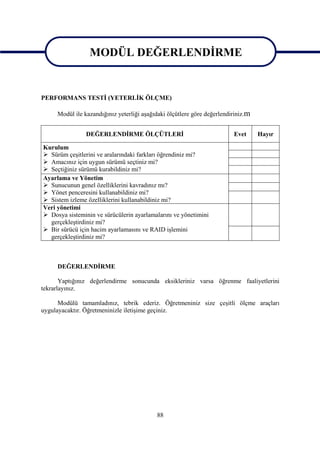 MODÜL DEĞERLENDİRME
               MODÜL DEĞERLENDİRME
PERFORMANS TESTİ (YETERLİK ÖLÇME)

     Modül ile kazandığınız yeterliği aşağıdaki ölçütlere göre değerlendiriniz.m


                DEĞERLENDİRME ÖLÇÜTLERİ                                  Evet      Hayır

Kurulum
 Sürüm çeşitlerini ve aralarındaki farkları öğrendiniz mi?
 Amacınız için uygun sürümü seçtiniz mi?
 Seçtiğiniz sürümü kurabildiniz mi?
Ayarlama ve Yönetim
 Sunucunun genel özelliklerini kavradınız mı?
 Yönet penceresini kullanabildiniz mi?
 Sistem izleme özelliklerini kullanabildiniz mi?
Veri yönetimi
 Dosya sisteminin ve sürücülerin ayarlamalarını ve yönetimini
  gerçekleştirdiniz mi?
 Bir sürücü için hacim ayarlamasını ve RAID işlemini
  gerçekleştirdiniz mi?



     DEĞERLENDİRME

       Yaptığınız değerlendirme sonucunda eksikleriniz varsa öğrenme faaliyetlerini
tekrarlayınız.

      Modülü tamamladınız, tebrik ederiz. Öğretmeniniz size çeşitli ölçme araçları
uygulayacaktır. Öğretmeninizle iletişime geçiniz.




                                           88
 