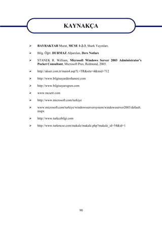 KAYNAKÇA
KAYNAKÇA
    BAYRAKTAR Murat, MCSE 1-2-3, Shark Yayınları.

    Bilg. Öğrt. DURMAZ Alparslan, Ders Notları

    STANEK R. William, Microsoft Windows Server 2003 Administrator’s
     Pocket Consultant, Microsoft Pres, Redmond, 2003.

    http://akser.com.tr/main4.asp?L=TR&site=4&mid=712

    http://www.bilgisayardershanesi.com

    http://www.bilgisayarogren.com

    www.mcsetr.com

    http://www.microsoft.com/turkiye

    www.microsoft.com/turkiye/windowsserversystem/windowsserver2003/default.
     mspx

    http://www.turkcebilgi.com

    http://www.turkmcse.com/makale/makale.php?makale_id=54&id=1




                                      90
 