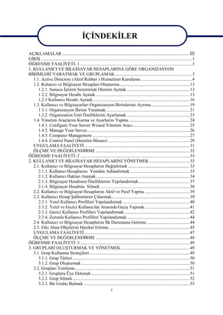 İÇİNDEKİLER

AÇIKLAMALAR .................................................................................................................. İİİ
GİRİŞ ....................................................................................................................................... 1
ÖĞRENME FAALİYETİ–1 .................................................................................................... 3
1. KULLANICI VE BİLGİSAYAR HESAPLARINA GÖRE ORGANİZASYON
BİRİMLERİ YARATMAK VE GRUPLAMAK..................................................................... 3
   1.1. Active Directory (Aktif Rehber ) Hizmetinin Kurulumu.............................................. 4
   1.2. Kulanıcı ve Bilgisayar Hesapları Oluşturma............................................................... 13
      1.2.1. Sunucu İşletim Sisteminde Oturum Açmak......................................................... 13
      1.2.2. Bilgisayar Hesabı Açmak .................................................................................... 13
      1.2.3 Kullanıcı Hesabı Açmak....................................................................................... 16
   1.3. Kullanıcı ve Bilgisayarları Organizasyon Birimlerine Ayırma................................... 19
      1.3.1. Organizasyon Birimi Yaratmak ........................................................................... 21
      1.3.2. Organization Unit Özelliklerini Ayarlamak ........................................................ 23
   1.4. Yönetim Araçlarını Kurma ve Ayarlarını Yapma....................................................... 24
      1.4.1. Configure Your Server Wizard Yönetim Aracı................................................... 25
      1.4.2. Manage Your Server............................................................................................ 26
      1.4.3. Computer Management ....................................................................................... 27
      1.4.4. Control Panel (Denetim Masası) ......................................................................... 29
   UYGULAMA FAALİYETİ .............................................................................................. 31
   ÖLÇME VE DEĞERLENDİRME .................................................................................... 32
ÖĞRENME FAALİYETİ–2 .................................................................................................. 33
2. KULLANICI VE BİLGİSAYAR HESAPLARINI YÖNETMEK .................................... 33
   2.1. Kullanıcı ve Bilgisayar Hesaplarını Değiştirmek ....................................................... 33
      2.1.1. Kullanıcı Hesaplarını Yeniden Adlandırmak ..................................................... 33
      2.1.2. Kullanıcı Hakları Atamak.................................................................................... 34
      2.1.3. Bilgisayar Hesabının Özelliklerini Yapılandırmak.............................................. 37
      2.1.4. Bilgisayar Hesabını Silmek ................................................................................ 38
   2.2. Kullanıcı ve Bilgisayar Hesaplarını Aktif ve Pasif Yapma ........................................ 39
   2.3. Kullanıcı Hesap Şablonlarını Çıkarmak...................................................................... 39
      2.3.1. Yerel Kullanıcı Profilleri Yapılandırmak ............................................................ 40
      2.3.2. Yerel ve Gezici Kullanıcılar Arasında Geçiş Yapmak ........................................ 41
      2.3.3. Gezici Kullanıcı Profilleri Yapılandırmak........................................................... 42
      2.3.4. Zorunlu Kullanıcı Profilleri Yapılandırmak ........................................................ 44
   2.4. Kullanıcı ve Bilgisayar Hesaplarını İlk Durumuna Getirme....................................... 44
   2.5. Etki Alanı Objelerini Hareket Ettirme ........................................................................ 45
   UYGULAMA FAALİYETİ .............................................................................................. 47
   ÖLÇME VE DEĞERLENDİRME .................................................................................... 48
ÖĞRENME FAALİYETİ–3 .................................................................................................. 49
3. GRUPLARI OLUŞTURMAK VE YÖNETMEK.............................................................. 49
   3.1. Grup Kullanma Stratejileri.......................................................................................... 49
      3.1.1. Grup Türleri......................................................................................................... 50
      3.1.2. Grup Oluşturmak ................................................................................................. 50
   3.2. Grupları Yenileme....................................................................................................... 51
      3.2.1. Gruplara Üye Eklemek ........................................................................................ 51
      3.2.2. Grup Silmek......................................................................................................... 52
      3.2.3. Bir Grubu Bulmak ............................................................................................... 53
                                                                       i
 