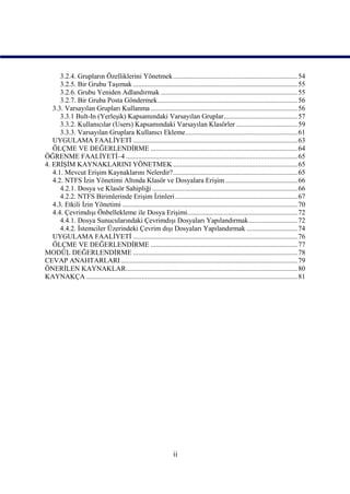3.2.4. Grupların Özelliklerini Yönetmek ....................................................................... 54
      3.2.5. Bir Grubu Taşımak .............................................................................................. 55
      3.2.6. Grubu Yeniden Adlandırmak .............................................................................. 55
      3.2.7. Bir Gruba Posta Göndermek................................................................................ 56
   3.3. Varsayılan Grupları Kullanma .................................................................................... 56
      3.3.1 Bult-In (Yerleşik) Kapsamındaki Varsayılan Gruplar.......................................... 57
      3.3.2. Kullanıcılar (Users) Kapsamındaki Varsayılan Klasörler ................................... 59
      3.3.3. Varsayılan Gruplara Kullanıcı Ekleme................................................................ 61
   UYGULAMA FAALİYETİ .............................................................................................. 63
   ÖLÇME VE DEĞERLENDİRME .................................................................................... 64
ÖĞRENME FAALİYETİ–4 .................................................................................................. 65
4. ERİŞİM KAYNAKLARINI YÖNETMEK ....................................................................... 65
   4.1. Mevcut Erişim Kaynaklarını Nelerdir?....................................................................... 65
   4.2. NTFS İzin Yönetimi Altında Klasör ve Dosyalara Erişim ......................................... 66
      4.2.1. Dosya ve Klasör Sahipliği ................................................................................... 66
      4.2.2. NTFS Birimlerinde Erişim İzinleri...................................................................... 67
   4.3. Etkili İzin Yönetimi .................................................................................................... 70
   4.4. Çevrimdışı Önbellekleme ile Dosya Erişimi............................................................... 72
      4.4.1. Dosya Sunucularındaki Çevrimdışı Dosyaları Yapılandırmak............................ 72
      4.4.2. İstemciler Üzerindeki Çevrim dışı Dosyaları Yapılandırmak ............................. 74
   UYGULAMA FAALİYETİ .............................................................................................. 76
   ÖLÇME VE DEĞERLENDİRME .................................................................................... 77
MODÜL DEĞERLENDİRME .............................................................................................. 78
CEVAP ANAHTARLARI ..................................................................................................... 79
ÖNERİLEN KAYNAKLAR.................................................................................................. 80
KAYNAKÇA ......................................................................................................................... 81




                                                                 ii
 