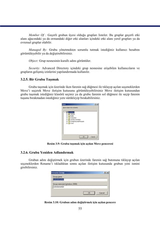 Member Of : Geçerli grubun üyesi olduğu grupları listeler. Bu gruplar geçerli etki
alanı ağacındaki ya da ormandaki diğer etki alanları içindeki etki alanı yerel grupları ya da
evrensel gruplar olabilir.

      Managed By: Grubu yönetmekten sorumlu tutmak istediğiniz kullanıcı hesabını
görüntüleyebilir ya da değiştirebilirsiniz.

      Object: Grup nesnesinin kurallı adını görüntüler.

      Security: Advanced Directory içindeki grup nesnesine erişebilen kullanıcıların ve
grupların gelişmiş izinlerini yapılandırmada kullanılır.

3.2.5. Bir Grubu Taşımak

      Grubu taşımak için üzerinde iken farenin sağ düğmesi ile tıklayıp açılan seçeneklerden
Move’i seçerek Move iletişim kutusunu görüntüleyebilirsiniz Move iletişim kutusundan
grubu taşımak istediğiniz klasörü seçiniz ya da grubu farenin sol düğmesi ile seçip farenin
tuşunu bırakmadan istediğiniz yere sürükleyip bırakabilirsiniz.




                    Resim 3.9: Grubu taşımak için açılan Move penceresi


3.2.6. Grubu Yeniden Adlandırmak

       Grubun adını değiştirmek için grubun üzerinde farenin sağ butonuna tıklayıp açılan
seçeneklerden Rename’i tıkladıktan sonra açılan iletişim kutusunda grubun yeni ismini
girebilirsiniz.




                  Resim 3.10: Grubun adını değiştirmek için açılan pencere

                                             55
 