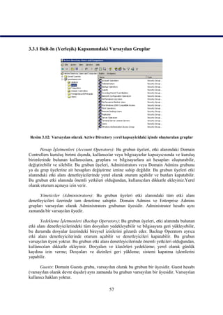 3.3.1 Bult-In (Yerleşik) Kapsamındaki Varsayılan Gruplar




Resim 3.12: Varsayılan olarak Active Directory yerel kapsayicidaki içinde oluşturulan gruplar


       Hesap İşletmenleri (Account Operators): Bu grubun üyeleri, etki alanındaki Domain
Controllers kuruluş birimi dışında, kullanıcılar veya bilgisayarlar kapsayıcısında ve kuruluş
birimlerinde bulunan kullanıcılara, gruplara ve bilgisayarlara ait hesapları oluşturabilir,
değiştirebilir ve silebilir. Bu grubun üyeleri, Administrators veya Domain Admins grubunu
ya da grup üyelerine ait hesapları değiştirme iznine sahip değildir. Bu grubun üyeleri etki
alanındaki etki alanı denetleyicilerinde yerel olarak oturum açabilir ve bunları kapatabilir.
Bu grubun etki alanında önemli yetkileri olduğundan, kullanıcıları dikkatle ekleyiniz.Yerel
olarak oturum açmaya izin verir.

      Yöneticiler (Administrators): Bu grubun üyeleri etki alanındaki tüm etki alanı
denetleyicileri üzerinde tam denetime sahiptir. Domain Admins ve Enterprise Admins
grupları varsayılan olarak Administrators grubunun üyesidir. Administrator hesabı aynı
zamanda bir varsayılan üyedir.

       Yedekleme İşletmenleri (Backup Operators): Bu grubun üyeleri, etki alanında bulunan
etki alanı denetleyicilerindeki tüm dosyaları yedekleyebilir ve bilgisayara geri yükleyebilir,
bu durumda dosyalar üzerindeki bireysel izinlerini gözardı eder. Backup Operators ayrıca
etki alanı denetleyicilerinde oturum açabilir ve denetleyicileri kapatabilir. Bu grubun
varsayılan üyesi yoktur. Bu grubun etki alanı denetleyicilerinde önemli yetkileri olduğundan,
kullanıcıları dikkatle ekleyiniz. Dosyaları ve klasörleri yedekleme; yerel olarak günlük
kaydına izin verme; Dosyaları ve dizinleri geri yükleme; sistemi kapatma işlemlerini
yapabilir.

      Guests: Domain Guests grubu, varsayılan olarak bu grubun bir üyesidir. Guest hesabı
(varsayılan olarak devre dışıdır) aynı zamanda bu grubun varsayılan bir üyesidir. Varsayılan
kullanıcı hakları yoktur.

                                             57
 