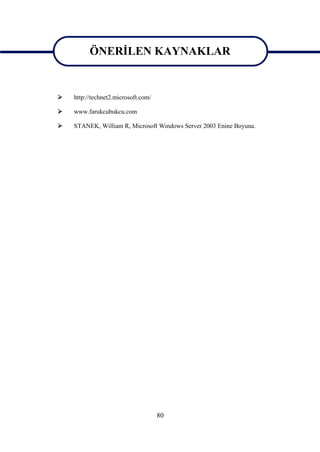 ÖNERİLEN KAYNAKLAR
          ÖNERİLEN KAYNAKLAR
   http://technet2.microsoft.com/

   www.farukcubukcu.com

   STANEK, William R, Microsoft Windows Server 2003 Enine Boyuna.




                                     80
 