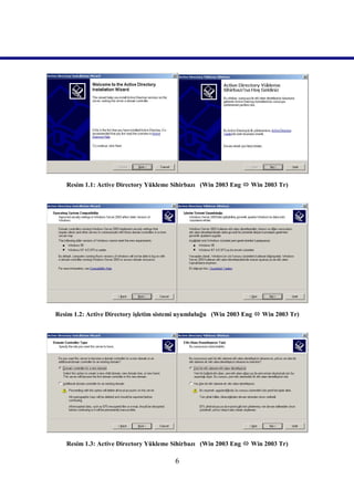 Resim 1.1: Active Directory Yükleme Sihirbazı (Win 2003 Eng  Win 2003 Tr)




Resim 1.2: Active Directory işletim sistemi uyumluluğu (Win 2003 Eng  Win 2003 Tr)




   Resim 1.3: Active Directory Yükleme Sihirbazı (Win 2003 Eng  Win 2003 Tr)

                                        6
 