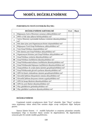 MODÜL DEĞERLENDİRME

               MODÜL DEĞERLENDİRME
      PERFORMANS TESTİ (YETERLİK ÖLÇME)

                DEĞERLENDİRME KRİTERLERİ                                     Evet   Hayır
  1   Bilgisayara Active Directoryi sorunsuz yükleyebildiniz mi?
  2   DNS ve Etki alan adlarını belirleyebildiniz mi?
      Active Directory içerisindeki kullanıcı izinlerini düzenleyebildiniz
  3
      mi?
  4   Etki alanı içine yeni Organizasyon birimi oluşturabildiniz mi?
  5   Bilgisayara Yerel Grup Politikalarını yükleyebildiniz mi?
  6   Yeni Grup Politikası oluşturabildiniz mi?
  7   Etki alanına yeni Grup Politikası ekleyebildiniz mi?
  8   Organizasyon birimine yeni Grup Politikası ekleyebildiniz mi?
  9   Grup Politikası izinlerini düzenleyebildiniz mi?
 10   Grup Politikası özelliklerini düzenleyebildiniz mi?
 11   Grup Politikasında kullanıcı özelliklerini düzenleyebildiniz mi?
 11   Grup Politikasında bilgisayar özelliklerini düzenleyebildiniz mi?
 12   Grup politikası ile script atama işlemini gerçekleştirebildiniz mi?
 13   Grup Politikasında güvenli ayarlarını düzenleyebildiniz mi?
 14   GPO ile klasör yönlendirme işlemini gerçekleştirebildiniz mi?
 15   Güvenlik Şablonu bileşenlerini sisteme ekleyebildiniz mi?
 16   Güvenlik Şablonu dosyasını sisteme uygulayabildiniz mi?
 17   GPO ile hesap ilkelerini düzenleyebildiniz mi?
 18   GPO ile yerel ilkeleri düzenleyebildiniz mi?
 19   Olay günlüklerini görüntüleyebildiniz mi?
 20   Olay günlükleri ayarlarını düzenleyebildiniz mi?



      DEĞERLENDİRME

      Uygulamalı testteki cevaplarınızın tümü “Evet” olmalıdır. Eğer “Hayır” cevabınız
varsa uygulamayı tekrar ediniz.Tüm sorulara doğru cevap verdiyseniz diğer faaliyete
geçiniz. ODÜL DEĞERLENDİR
      ME
      Sunucu İşletim Sistemi – 4 modülü faaliyetleri ve araştırma çalışmaları sonunda;
kazandığınız bilgi ve becerileri ölçme soruları ile değerlendiriniz. Bu değerlendirme
sonucuna göre bir sonraki modüle geçebilirsiniz.

                                           109
 