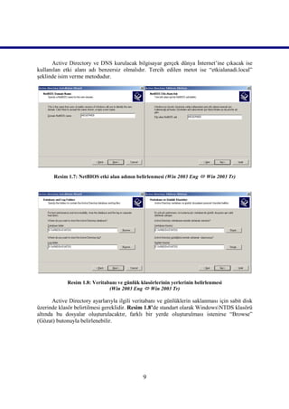 Active Directory ve DNS kurulacak bilgisayar gerçek dünya İnternet’ine çıkacak ise
kullanılan etki alanı adı benzersiz olmalıdır. Tercih edilen metot ise “etkialanadi.local”
şeklinde isim verme metodudur.




       Resim 1.7: NetBIOS etki alan adının belirlenmesi (Win 2003 Eng  Win 2003 Tr)




             Resim 1.8: Veritabanı ve günlük klasörlerinin yerlerinin belirlenmesi
                               (Win 2003 Eng  Win 2003 Tr)

       Active Directory ayarlarıyla ilgili veritabanı ve günlüklerin saklanması için sabit disk
üzerinde klasör belirtilmesi gereklidir. Resim 1.8’de standart olarak WindowsNTDS klasörü
altında bu dosyalar oluşturulacaktır, farklı bir yerde oluşturulması istenirse “Browse”
(Gözat) butonuyla belirlenebilir.




                                              9
 