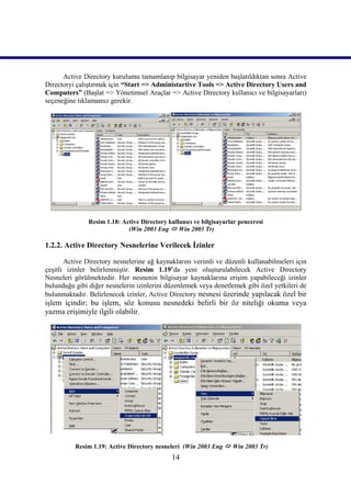 Active Directory kurulumu tamamlanıp bilgisayar yeniden başlatıldıktan sonra Active
Directoryi çalıştırmak için “Start => Administartive Tools => Active Directory Users and
Computers” (Başlat => Yönetimsel Araçlar => Active Directory kullanıcı ve bilgisayarları)
seçeneğine tıklamamız gerekir.




               Resim 1.18: Active Directory kullanıcı ve bilgisayarlar penceresi
                             (Win 2003 Eng  Win 2003 Tr)))))

1.2.2. Active Directory Nesnelerine Verilecek İzinler

       Active Directory nesnelerine ağ kaynaklarını verimli ve düzenli kullanabilmeleri için
çeşitli izinler belirlenmiştir. Resim 1.19’da yeni oluşturulabilecek Active Directory
Nesneleri görülmektedir. Her nesnenin bilgisayar kaynaklarına erişim yapabileceği izinler
bulunduğu gibi diğer nesnelerin izinlerini düzenlemek veya denetlemek gibi özel yetkileri de
bulunmaktadır. Belirlenecek izinler, Active Directory nesnesi üzerinde yapılacak özel bir
işlem içindir; bu işlem, söz konusu nesnedeki belirli bir öz niteliği okuma veya
yazma erişimiyle ilgili olabilir.




          Resim 1.19: Active Directory nesneleri (Win 2003 Eng  Win 2003 Tr)))))
                                              14
 