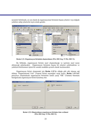 nesneleri belirlemek, en son olarak da organizasyonun biriminin başına yönetici veya değişik
yetkilere sahip yöneticiler tayin etmek gerekir.




      Resim 1.31: Organizasyon biriminin oluşturulması (Win 2003 Eng  Win 2003 Tr)

       Bu bölümde, organizasyon birimin nasıl oluşturulacağı ve içerisine nasıl nesne
ekleneceği anlatılacaktır. Organizasyon biriminin başına bir yönetici yetkilendirme ve
yetkilerin belirlenmesi işlemi bir sonraki modülde ayrıntılı olarak incelenecektir.

       Organizasyon birimi oluşturmak için Resim 1.31’de olduğu gibi etki alanına sağ
tıklatıp “Organizational Unit” (Yapısal birim) seçeneğini seçip açarız. Resim 1.31’deki
pencereye oluşturulacak organizasyon birimimin ismini yazıp “OK” (Tamam) butonuna
bastığımızda organizasyon birimi kurulmuş olur.




               Resim 1.32: Oluşturulması organizasyon birimine isim verilmesi
                              (Win 2003 Eng  Win 2003 Tr)

                                            23
 