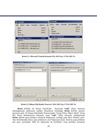 Resim 2.1: Microsoft Yönetim Konsolu (Win 2003 Eng  Win 2003 Tr)




           Resim 2.2: Bileşen Ekle/Kaldır Penceresi (Win 2003 Eng  Win 2003 Tr)

       Resim 2.2’deki Ek bileşen Ekle/Kaldır           Pencerede “Add” (Ekle) butonuna
tıklandığımızda yüklenecek standart bileşenlerin bulunduğu Resim 2.3’teki pencere
karşımıza gelir. Ek bileşen Ekle/Kaldır Penceresinden “Group Policy Object Editör” (Grup
İlke Nesne Düzenleyicisi) bileşenini seçip “Add” (Ekle) butonuna tıkladığımızda
Resim_2.4’teki grup politikası kurulacak bilgisayarın seçildiği grup ilkesi sihirbazı açılır.
Aksi belirtilmediği sürece grup politikasını yerel bilgisayara kurar. İstenirse grup politikası
etki alanı içerisindeki farklı bir bilgisayara da kurulabilir. Grup politikası kurulacak

                                              29
 