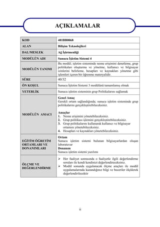 AÇIKLAMALAR

KOD              481BB0068
ALAN             Bilişim Teknolojileri
DAL/MESLEK       Ağ İşletmenliği
MODÜLÜN ADI      Sunucu İşletim Sistemi 4
                 Bu modül; işletim sisteminde nesne erişimini denetleme, grup
                 politikaları oluşturma ve yönetme, kullanıcı ve bilgisayar
MODÜLÜN TANIMI
                 izinlerini belirleme, hesapları ve kaynakları yönetme gibi
                 işlemleri içeren bir öğrenme materyalidir.
SÜRE             40/32
ÖN KOŞUL         Sunucu İşletim Sistemi 3 modülünü tamamlamış olmak
YETERLİK         Sunucu işletim sisteminin grup Politikalarını sağlamak
                 Genel Amaç
                 Gerekli ortam sağlandığında; sunucu işletim sisteminde grup
                 politikalarını gerçekleştirebileceksiniz.

                 Amaçlar
MODÜLÜN AMACI
                 1. Nesne erişimini yönetebileceksiniz.
                 2. Grup politikası işlemini gerçekleştirebileceksiniz.
                 3. Grup politikalarını kullanarak kullanıcı ve bilgisayar
                    ortamını yönetebileceksiniz.
                 4. Hesapları ve kaynakları yönetebileceksiniz.
                 Ortam
EĞİTİM ÖĞRETİM   Sunucu işletim sistemi bulunan bilgisayarlardan oluşan
ORTAMLARI VE     laboratuvar
DONANIMLARI      Donanım
                 Sunucu işletim sistemi yazılımı

                  Her faaliyet sonrasında o faaliyetle ilgili değerlendirme
                   soruları ile kendi kendinizi değerlendireceksiniz.
ÖLÇME VE
                  Modül sonunda uygulanacak ölçme araçları ile modül
DEĞERLENDİRME
                   uygulamalarında kazandığınız bilgi ve beceriler ölçülerek
                   değerlendirilecektir

                 AÇIKLAMALAR



                                   ii
 
