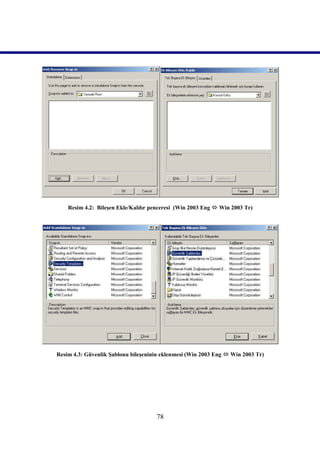 Resim 4.2: Bileşen Ekle/Kaldır penceresi (Win 2003 Eng  Win 2003 Tr)




Resim 4.3: Güvenlik Şablonu bileşeninin eklenmesi (Win 2003 Eng  Win 2003 Tr)




                                     78
 