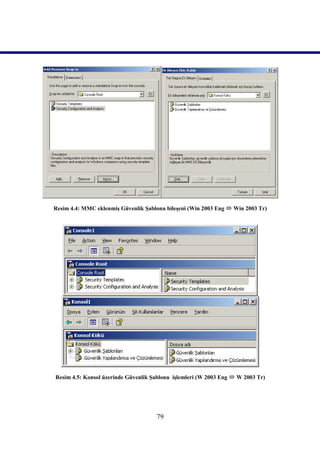 Resim 4.4: MMC eklenmiş Güvenlik Şablonu bileşeni (Win 2003 Eng  Win 2003 Tr)




Resim 4.5: Konsol üzerinde Güvenlik Şablonu işlemleri (W 2003 Eng  W 2003 Tr)




                                     79
 