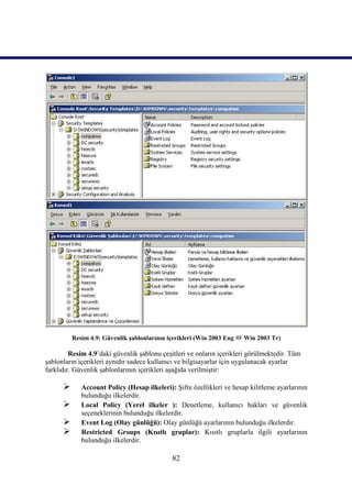 Resim 4.9: Güvenlik şablonlarının içerikleri (Win 2003 Eng  Win 2003 Tr)

         Resim 4.9’daki güvenlik şablonu çeşitleri ve onların içerikleri görülmektedir. Tüm
şablonların içerikleri aynıdır sadece kullanıcı ve bilgisayarlar için uygulanacak ayarlar
farklıdır. Güvenlik şablonlarının içerikleri aşağıda verilmiştir:

            Account Policy (Hesap ilkeleri): Şifre özellikleri ve hesap kilitleme ayarlarının
             bulunduğu ilkelerdir.
            Local Policy (Yerel ilkeler ): Denetleme, kullanıcı hakları ve güvenlik
             seçeneklerinin bulunduğu ilkelerdir.
            Event Log (Olay günlüğü): Olay günlüğü ayarlarının bulunduğu ilkelerdir.
            Restricted Groups (Kısıtlı gruplar): Kısıtlı gruplarla ilgili ayarlarının
             bulunduğu ilkelerdir.

                                             82
 