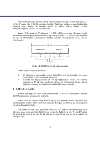 IP adreslemeyi kolaylaştırmak için IP adresleri noktalı ondalık yazımla ifade edilir. 32
bit’lik IP adresi dört 8 bit’lik parçalara bölünür. Sekizliler ondalık sayıya dönüştürülüp
aralarına nokta konur; bu nedenle önceki IP adresi, noktalı ondalık yazıma
dönüştürüldüğünde 131.107.16.200 şeklini alır.

        Resim:1.1’de örnek bir IP adresinin (131.107.16.200) ağ ve ana bilgisayar kimliği
bölümlerine ayrılmış şekli gösterilmektedir. Ağ kimliği bölümü (131.107) IP adresindeki ilk
iki sayı ile belirtilmiştir. Ana bilgisayar bölümü (16.200) IP adresindeki son iki sayı ile
belirtilmiştir.




                         Resim 1.1: 131.107.16.200 adresinin gösterimi

      Dikkat edilecek hususlar şunlardır:

            IP adresleri ağ üzerindeki aygıtları belirttikleri için ağ üzerindeki her aygıta
             benzersiz bir IP adresi atanmak zorundadır.
            Genelde tüm bilgisayarların tek bir ağ bağdaştırıcısı vardır; bu nedenle,
             yalnızca bir IP adresine gereksinim duyar. Bir bilgisayarda birden çok ağ
             bağdaştırıcısı varsa her bağdaştırıcının kendi IP adresi olmalıdır.

1.1.1. IP Adresi Sınıfları

     Internet topluluğu beş adres sınıfı tanımlamıştır. A, B ve C sınıflarındaki adresler
TCP/IP düğümlerine atanmak için kullanılır.

      Adres sınıfı her adreste hangi bitlerin ağ ve ana bilgisayar kimlik bölümleri için
kullanılacağını belirler. Adres sınıfı aynı zamanda bir ağda kaç tane ağ ve ana bilgisayar
barındırılabileceğini belirler.

       Her harf bir sekizlik sayıyı göstermek üzere “w.x.y.z” şeklinde verilen herhangi bir IP
adresinin hangi sınıfa ait olduğu Tablo 1.1’de verilmiştir. Tablo 1.1’e göre A sınıfı IP’ler için
ilk sekizlik, B sınıfı IP’ler için ilk iki sekizlik, C sınıfı IP’ler için ise ilk üç sekizlik ağ
kimliğini verir.




                                               4
 