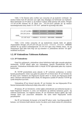 Tablo 1.2’de İnternet adres sınıfları için varsayılan alt ağ maskeleri verilmiştir. Ağ
maskesi birden fazla IP adresinin aynı ağda olup olmadığını da belirlemek için kullanılır.
Bunu belirlemek için IP adresi ve ağ maskesi Lojiksel AND işlemine tabi tutulur. Örneğin
131.107.16.200 numaralı bir IP adresi için 255.255.255.0 şeklinde bir ağ maskesi
tanımladığımızda sonuç olarak 131.107.16.0 şeklinde bir ağ kimliği elde edilir.


            131.107.16.200 = 10000011 . 01101011 . 00010000 . 11001000
            255.255.255.0 = 11111111 . 11111111 . 11111111 . 00000000
       AND_______________________________________________________
             131.107.16.0 = 10000011 . 01101011 . 00010000 . 00000000


      Tablo 1.2’de verilen varsayılan alt ağ maskelerinin dışında farklı alt ağlarda
oluşturulabilir. Örneğin; 255.255.255.128 yani 11111111 . 11111111 . 11111111 . 10000000
şeklinde bir ağ maskesi kullandığımızda 131.107.16.0 ağını ikiye bölmüş oluruz. Alt ağ
oluşturmayla ilgili daha fazla bilgi için ağ sistemleri ve yönlendirme dersinin “alt ağlar”
modülünü inceleyiniz.

1.2. IP Yönlendirme Tablosunu Kullanma
1.2.1. IP Yönlendirme

       Genel bir açıklamayla, yönlendirme işlemi birbirlerine bağlı ağlar arasında paketlerin
iletilmesidir. TCP/IP tabanlı ağlar için yönlendirme, Internet Protokolü'nün (IP) bir
parçasıdır. Yönlendirme biribirinden farklı ve büyük TCP/IP ağlarındaki paket alış veişlerini
kontrol eder.

       IP, TCP/IP protokolünün posta odasıdır ve IP verilerinin ayıklanması ve teslimi
burada gerçekleştirilir. Gelen veya giden her pakete IP veri birimi denir. IP veri birimleri iki
IP adresi içerir. Gönderen ana bilgisayarın kaynak adresi ve alacak ana bilgisayarın hedef
adresi. Donanım adreslerinden farklı olarak, bir datagramın içindeki IP adresleri TCP/IP ağı
içinde dolaşırken aynı kalır.

      Yönlendirme IP’nin birincil işlevidir. IP veri birimleri, her ana bilgisayarda IP’nin
İnternet katmanındaki kullanımıyla değiş tokuş edilir ve işlenir.

       IP katmanı, IP veri birimlerini, verileri ağdan yönlendirmek için kullanılan kaynak ve
hedef bilgileriyle birleştirir ve sonra veri birimlerini ağ arabirimi katmanına geçirir. Ağ
arabirimi katmanında; veri bağlama hizmeti, IP veri birimlerini fiziksel ağdaki ağa özgü
ortamda iletim için çerçevelere dönüştürür. Bu işlem hedef bilgisayarda tersine
gerçekleştirilir.

     Her IP veri biriminde, bir kaynak ve bir hedef IP adresi vardır. Ana bilgisayardaki IP
katmanı, veri biriminin hedef adresini inceler; bu adresi yerel olarak tutulan bir yönlendirme
                                               6
 