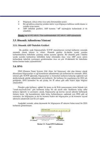      Bilgisayar, askıya alma veya uyku durumundan uyanır.
           Bir ağ kablosu çıkarılıp yeniden takılır veya bilgisayar kablosuz aralık dışına ve
            yeniden içine taşınır.
           ARP önbellek girdileri, ARP komutu “–d” seçeneğiyle kullanılarak el ile
            silinebilir.

      Örnek: arp -d 192.168.0.1 Tüm arabirimlerdeki 192.168.0.1 ARP eşlemelerini

3.5. Dinamik Adlandırma Yöntemi
3.5.1. Dinamik ARP Önbellek Girdileri

        Bu girdiler, uzak bilgisayarlarla TCP/IP oturumlarının normal kullanımı sırasında
otomatik olarak eklenir ve silinir. Dinamik girdiler iki dakika içinde yeniden
kullanılmazlarsa önbellekte yaşlanıp zaman aşımına uğrarlar. Bir dinamik girdi 2 dakika
içinde yeniden kullanılırsa önbellekte kalıp silinmeden önce veya ARP yayın işlemi
kullanılarak önbellek yenilemesi gerektirmeden önce en çok 10 dakikalık bir önbellekte
kalma ömrüne kadar yaşlanabilirler.

3.6. DNS
       DNS (Domain Name System; Etki Alanı Ad Sunucusu), etki alan kümesi olarak
düzenlenen bilgisayarları ve ağ hizmetlerini adlandırmak için kullanılan bir sistemdir. DNS,
internet gibi TCP/IP ağlarında, bilgisayarları ve hizmetleri kullanım kolaylığı sağlamak için
akılda kalacak şekilde adlandırmak için kullanılır. Bir kullanıcı bir uygulamaya bir DNS adı
girdiğinde, DNS hizmetleri bu adı çözüp, bir IP adresi gibi adla ilişkili diğer bilgileri
oluşturabilir.

       Örneğin çoğu kullanıcı; ağdaki bir posta ya da Web sunucusunun yerini bulmak için
“ornek.microsoft.com” gibi kullanımı kolay bir adı tercih eder. Kullanımı kolay adlar
kolayca öğrenilir ve anımsanır; ancak, bilgisayarlar ağ üzerine sayısal adresler kullanarak
iletişim kurar. Ağ kaynaklarının daha kolay kullanılmasını sağlamak için DNS gibi ad
sistemleri, bir bilgisayara ya da bir hizmete ilişkin adı bilgisayarın ya da hizmetin sayısal
adresiyle eşleştirmek için bir yol sağlar.

      Aşağıdaki resimde, adına dayanarak bir bilgisayarın IP adresini bulan temel bir DNS
kullanımı gösterilmiştir.




                              Resim 3.3: Temel DNS kullanımı
                                             40
 