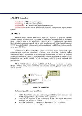 3.7.2. BIND Komutları

      #named start - BIND servislerini başlatır.
      #named stop - BIND servislerini durdurur.
      #named restart - BIND servislerini durdurup tekrar başlatır.
      #named reload - BIND servisi durmaksızın yaptığınız konfigürasyon değişikliklerini
uygular.

3.8. WINS
       WINS (Windows Internet Ad Hizmeti), ağınızdaki bilgisayar ve grupların NetBIOS
adlarının dinamik eşleştirmelerini kaydetmek ve sorgulamak için dağıtılmış bir veritabanı
sağlar. NetBIOS adlarını IP adresleriyle eşleştiren WINS, yönlendirilmiş ortamlarda
NetBIOS ad çözümlemesi sırasında ortaya çıkan sorunları çözmek amacıyla tasarlanmıştır.
TCP/IP üzerinde NetBIOS kullanan yönlendirilmiş ağlardaki NetBIOS ad çözümlemesinde
en iyi seçim WINS’dir.

       NetBIOS adları, Microsoft Windows işletim sistemlerinin önceki sürümlerinde, ağda
kullanılabilecek kaynakları tanımlamak ve bulmak için kullanılırdı. Microsoft işletim
sistemlerinin önceki sürümlerinde ağ hizmetlerinin sağlanabilmesi için NetBIOS adlarının
kullanılması zorunludur. NetBIOS adlandırma protokolü TCP/IP dışındaki ağ protokolleriyle
kullanılabilse de, WINS özellikle TCP/IP üzerinden NetBIOS desteği sağlamak için
tasarlanmıştır.

       WINS, TCP/IP tabanlı ağlarda NetBIOS ad alanlarının yönetimini basitleştirir.
Resim_3.19’daki çizim, WINS istemcileri ile sunucuları arasında gelişen normal olaylar
dizisini gösterir.




                                 Resim 3.19: WINS örneği

      Bu örnekte aşağıdaki olaylar gerçekleşir:

           HOST-A adlı WINS istemcisi, kendisinin yapılandırılmış WINS sunucusu olan
            WINS-A’ya yerel NetBIOS adlarından birini kaydettirir.
           HOST-B adlı başka bir WINS istemcisiyse HOST-A’nın ağdaki IP adresini
            belirtmek için WINS-A’yı sorgular.
           WINS-A, yanıt olarak HOST-A’nın IP adresini (192.168.1.20) bildirir.
                                            53
 