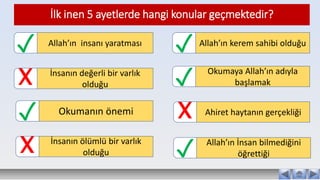 Allah’ın insanı yaratması
✓
İnsanın değerli bir varlık
olduğu
X
İlk inen 5 ayetlerde hangi konular geçmektedir?
Okumanın önemi
✓
İnsanın ölümlü bir varlık
olduğu
X
Allah’ın kerem sahibi olduğu
✓
Ahiret haytanın gerçekliği
X
Okumaya Allah’ın adıyla
başlamak
✓
Allah’ın İnsan bilmediğini
öğrettiği
✓
 
