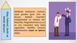 Alay,
hakaret,
baskı
ve
tehdit
dönemi
Mekke’de Müslüman olanların
sayısı günden güne arttı. Bu
durum, Mekkeli müşrikleri
endişelendirdi ve rahatsız etti.
Müşrikler, Peygamberimize (s.a.v.)
ve ona inananlara karşı baskı
uyguladılar. Özellikle kimsesiz
Müslümanlara eziyet ve işkence
ettiler.
 