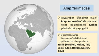  Peygamber Efendimiz (s.a.v)
Arap Yarımadası’nda yer alan
Hicaz Bölgesi’ndeki Mekke
şehrinde dünyaya geldi.
Arap Yarımadası
 O günlerde Arap
Yarımadası’ndaki önemli
şehirden bazıları şunlardı:
Yesrib (Medine), Mekke, Taif,
San’a, Aden, Hayber, Necran,
Tebük.
 