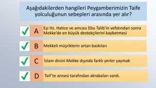 ✔
✔
✔
✔
Aşağıdakilerden hangileri Peygamberimizin Taife
yolculuğunun sebepleri arasında yer alır?
Eşi Hz. Hatice ve amcası Ebu Talib’in vefatından sonra
Mekke’de en büyük destekçilerini kaybetmesi
A
Mekkeli müşriklerin artan baskıları
B
C İslam dinini Mekke dışında farklı yerler yaymak
D Taif’te annesi tarafından akrabaları vardı.
 
