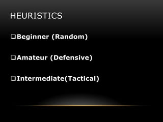 HEURISTICS

Beginner (Random)


Amateur (Defensive)


Intermediate(Tactical)
 