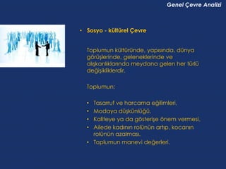 Genel Çevre Analizi



• Sosyo - kültürel Çevre


  Toplumun kültüründe, yapısında, dünya
  görüşlerinde, geleneklerinde ve
  alışkanlıklarında meydana gelen her türlü
  değişikliklerdir.

  Toplumun;

  • Tasarruf ve harcama eğilimleri,
  • Modaya düşkünlüğü,
  • Kaliteye ya da gösterişe önem vermesi,
  • Ailede kadının rolünün artıp, kocanın
    rolünün azalması,
  • Toplumun manevi değerleri.
 