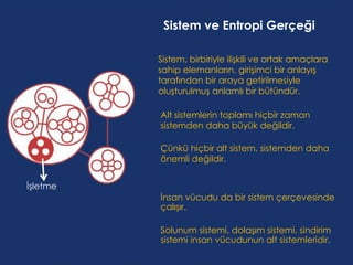 Sistem ve Entropi Gerçeği

          Sistem, birbiriyle ilişkili ve ortak amaçlara
          sahip elemanların, girişimci bir anlayış
          tarafından bir araya getirilmesiyle
          oluşturulmuş anlamlı bir bütündür.

          Alt sistemlerin toplamı hiçbir zaman
          sistemden daha büyük değildir.

          Çünkü hiçbir alt sistem, sistemden daha
          önemli değildir.


İşletme
          İnsan vücudu da bir sistem çerçevesinde
          çalışır.

          Solunum sistemi, dolaşım sistemi, sindirim
          sistemi insan vücudunun alt sistemleridir.
 