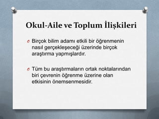 Okul-Aile ve Toplum İlişkileri
O Birçok bilim adamı etkili bir öğrenmenin
nasıl gerçekleşeceği üzerinde birçok
araştırma yapmışlardır.
O Tüm bu araştırmaların ortak noktalarından
biri çevrenin öğrenme üzerine olan
etkisinin önemsenmesidir.
 