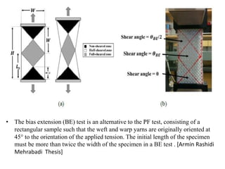 •Geometrical configuration of a BE test
• The bias extension (BE) test is an alternative to the PF test, consisting of a
rectangular sample such that the weft and warp yarns are originally oriented at
45° to the orientation of the applied tension. The initial length of the specimen
must be more than twice the width of the specimen in a BE test . [Armin Rashidi
Mehrabadi Thesis]
 