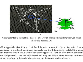 •
•Triangular finite element (a) made of unit woven cells submitted to tension, in-plane
shear and bending (b)
•This approach takes into account the difficulties to describe the textile material as a
continuum in one hand (continuous approach) and the difficulties to model all the yarns
and their contacts in the other hand (discrete approach). Semi‐discrete model considers
the components at the mesoscale level, but they are part of finite elements and their
strains are given by the nodal displacements of the corresponding element.
 