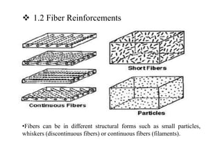  1.2 Fiber Reinforcements
•Fibers can be in different structural forms such as small particles,
whiskers (discontinuous fibers) or continuous fibers (filaments).
 