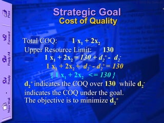 Strategic Goal   Cost of Quality Total  COQ :   1  x 1  +  2 x 2 Upper Resource Limit :   130 1  x 1  +  2 x 2   =  130 +  d 2 +   -  d 2 -   1  x 1  +  2 x 2   +  d 2 -  - d 2 +  =   130 { 1  x 1  +  2 x 2   <   =   130 } d 2 +   indicates the  COQ  over  130  while   d 2 -   indicates the  COQ  under the  goal . The objective is to minimize  d 2 +   