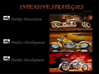 INTENSIVE STRATEGIES
Market Penetration




Product Development


Market Development
 