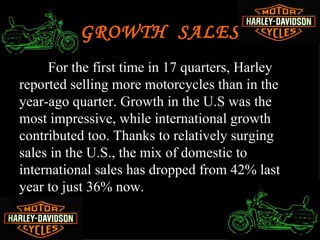 GROWTH SALES
     For the first time in 17 quarters, Harley
reported selling more motorcycles than in the
year-ago quarter. Growth in the U.S was the
most impressive, while international growth
contributed too. Thanks to relatively surging
sales in the U.S., the mix of domestic to
international sales has dropped from 42% last
year to just 36% now.
 