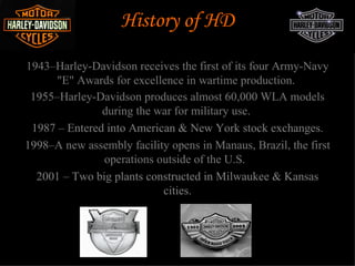 History of HD

1943–Harley-Davidson receives the first of its four Army-Navy
      "E" Awards for excellence in wartime production.
 1955–Harley-Davidson produces almost 60,000 WLA models
               during the war for military use.
 1987 – Entered into American & New York stock exchanges.
1998–A new assembly facility opens in Manaus, Brazil, the first
               operations outside of the U.S.
  2001 – Two big plants constructed in Milwaukee & Kansas
                           cities.
 