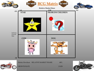 BCG Matrix
                                    Relative Market Share
             1.0                                0.50                 0.0
    +30
              STAR                             PROBLEM CHILDREN




Industry
Growth
Rate
               COW                                  DOG




     -30

           Harley-Davidson   RELATIVE MARKET SHARE           48%

           GROWTH RATE                                      13.029
 