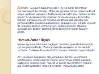 Zaman : Mekanın algılanmasında 4. boyut olarak tanımlanan
“zaman” önemli bir etkendir. Mekanda geçirilen zaman mekanda dikkat
edilen, algılanan nesnelerin farklılasmasına neden olur. Sadece içinden
geçilen bir mekanla içinde yasanılan bir mekanın algısı birbirinden
farklıdır. Zamanın etkisiyle mekanın algılanma sekli degistigi gibi,
zamanla birlikte mekanın algılanmasını saglayan sınır, ısık gibi unsurlar
da degisiklik gösterir. Zaman unsuru sadece mekanın algılama
süreciyle ilgili degildir, zaman geçmis deneyimler olarak da algıyı
etkiler.


Hareket-Zaman İlişkisi
Mekan algısının olusmasını saglayan hareketin gerçeklestirilmesi için
zaman gerekmektedir. "Zamanı hareketle ölçüyoruz ve hareketi de
zamanla..." sözüyle Aristo hareket ve zamanın iliskisine deginmektedir.

Zevi, mekanın duragan bir olgu olmadıgını, hareket ve zamanın
sürekliliginde, içinde yasayan insanın deneyimiyle anlamlı olacagını
söyleyerek özellikle insan, hareket ve zaman kavramlarının mekanın
algı ve deneyimindeki etkisini belirtmistir. (Kahvecioglu,1998)
 