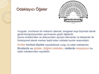 Odaklayıcı Öğeler




Vurgular, sınırlanan bir mekanın işlevsel, simgesel veya biçimsel olarak
genel kompozisyondan ayrımsanan güçlü öğelerdir.
Çevre renklerinden ve dokusundan ayrışan elemanlar ve bileşenler ile
fonksiyonel olarak merkez teşkil eden noktalar bunlar arasındadır.
Anıtlar kentsel ölçekte sayılabilecek vurgu ve odak noktalarıdır.
Binalarda ise girişler, düğüm noktaları, otellerde resepsiyon bu
odak noktalarından sayılabilir.
 