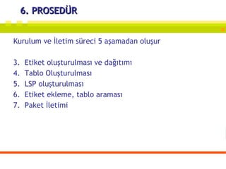 6. PROSEDÜR Kurulum ve İletim süreci 5 aşamadan oluşur Etiket oluşturulması ve dağıtımı Tablo Oluşturulması LSP oluşturulması Etiket ekleme, tablo araması Paket İletimi 